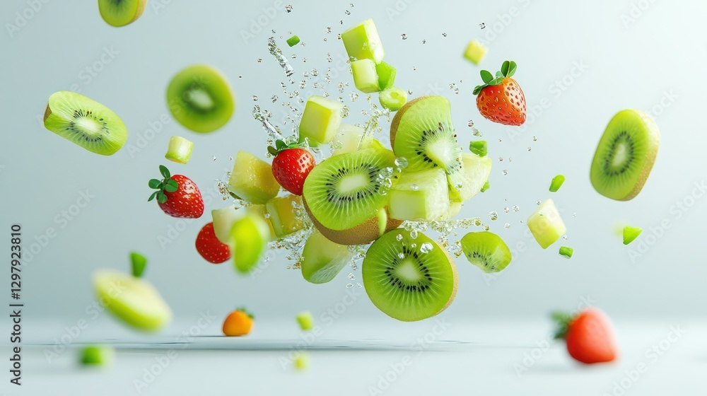 Poster exploding fruit splash: captivating visual of an assortment of vibrant fresh fruit slices in mid-air