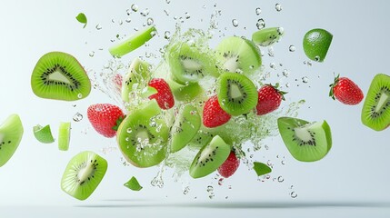 Kiwi & Strawberry Splash: A dynamic splash captures sliced kiwis and strawberries mid-air, showcasing freshness and vibrant colors. 