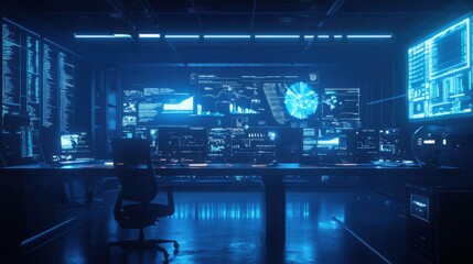 Dark Futuristic Command Center Interior with Blue Glowing Holographic Big Data Displays