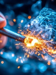 Hand holding sparkler, sparks and smoke. Close-up. Possible use for celebration