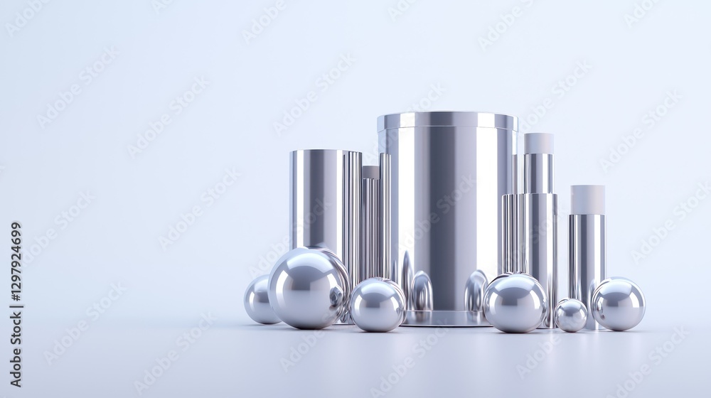 Poster metallic assembly: an abstract composition of various metallic spheres and cylinders, artfully arran