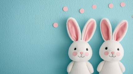 Two cute bunny plush toys against a blue wall with pink decorative dots, creating a playful and whimsical atmosphere.