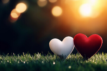 Two heart-shaped symbols of love resting on fresh grass with a warm glow.  