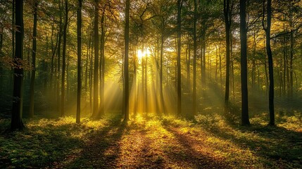 Obraz premium A dense forest with sun rays breaking through the canopy