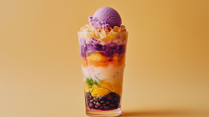 Colorful Halo-Halo dessert with layers of ice, fruits, and ube ice cream