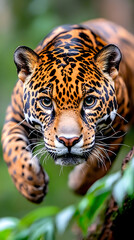 Fototapeta premium Jaguar in leap, jungle background, wildlife, nature, close-up, action shot