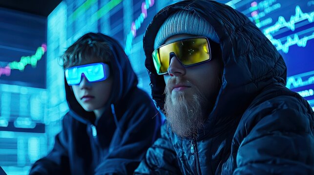 Future Tech Team: Captivating image showcasing two individuals immersed in a high-tech environment. Lit by a cool blue hue, they wear futuristic eyewear.