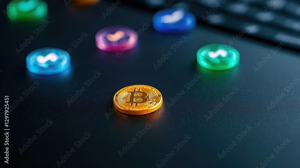 Poster bitcoin among emoticons: bitcoin token prominently displayed with several emoticons on a dark surfac