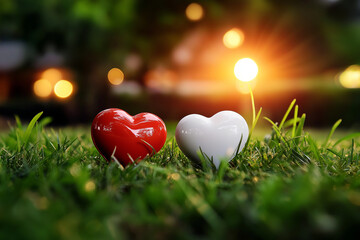 Two heart-shaped symbols of love resting on fresh grass with a warm glow.  
