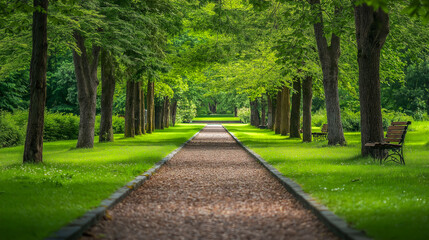 Fototapeta premium Vibrant tree-lined path through a serene park landscape during sunny daytime