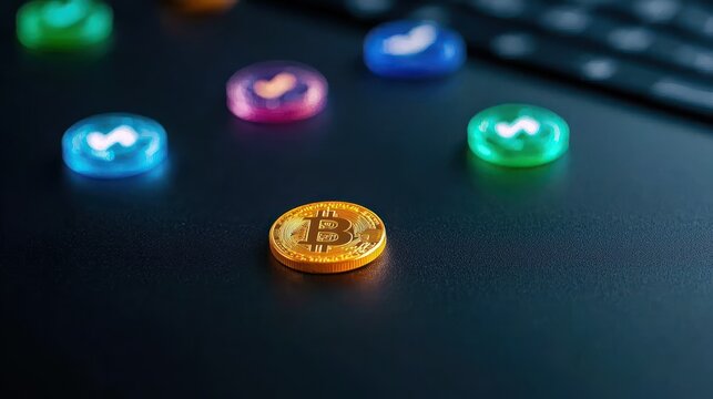 Bitcoin Among Emoticons: Bitcoin token prominently displayed with several emoticons on a dark surface, hinting at digital transactions and modern communication.