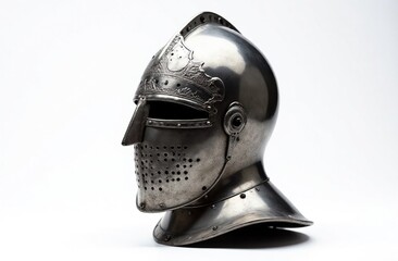 A detailed model of a medieval knight's helmet made of polished steel with intricate engraving on a white background - without shadows