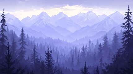 Obraz premium Mystical mountain range landscape shrouded in blue morning mist with evergreen forests and serene atmospheric perspective beauty