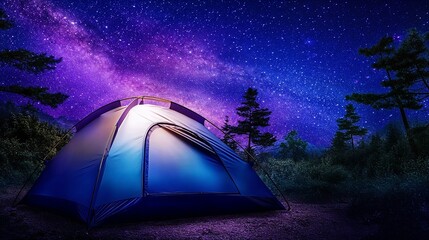 Camping tent under starry sky with Milky Way and vibrant colors for outdoor adventure
