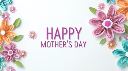 Mother's Day background, with "Happy Mother's Day" cut-out flowers, with purple, pink and white daisies on the right. The pure white background creates an atmosphere of elegance and tranquility