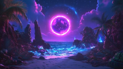 Fototapeta premium Surreal beach at night illustration featuring fantasy landscape with vibrant planet and glowing ocean for artistic backgrounds