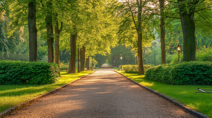 Obraz premium View of a tranquil park pathway surrounded by lush trees and soft sunlight in the early morning
