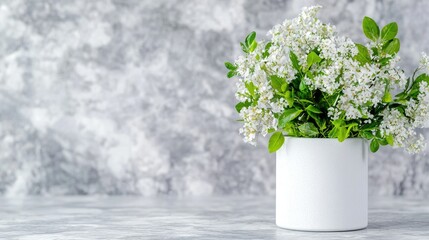 Fototapeta premium Fresh white flowers in a minimalist ceramic vase placed on a grey textured concrete surface.