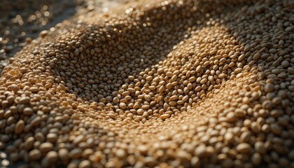 Close up view of a large pile of harvested soybeans sunlight illuminating the beans texture and color