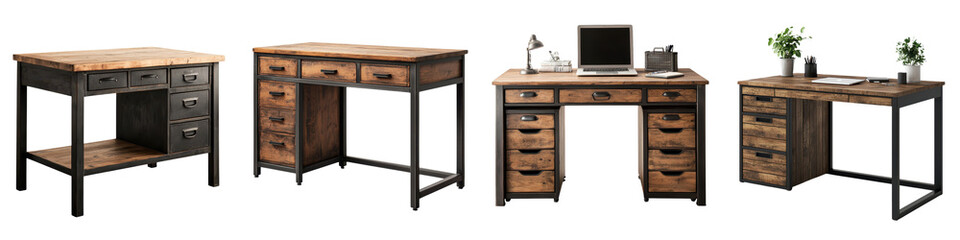 Fototapeta premium Stylish and functional industrial style wooden desk with metal frames featuring various storage drawers and shelves laptop computer and office accessories like plants and organizers