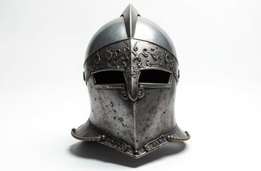 A detailed model of a medieval knight's helmet made of polished steel with intricate engraving on a white background - without shadows