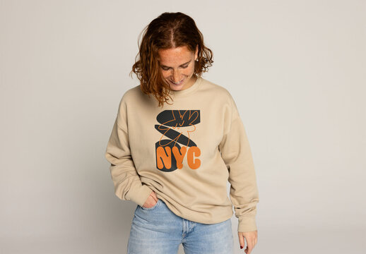 Woman in Jumper. Mockup Template for Logo Design Showcase. Note: jumper&acute;s color cannot be changed.