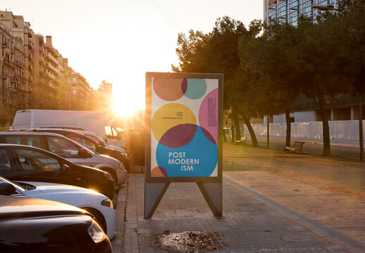 Urban Advertising Panel at Sunset in Barcelona Street
