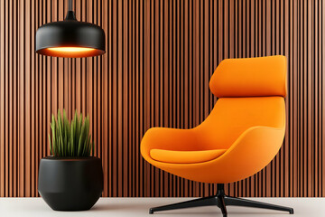 Modern Orange Chair, Wooden Wall, Stylish Interior