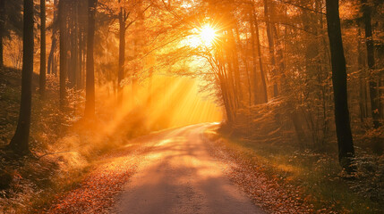 Obraz premium Sunlight filters through trees illuminating a tranquil forest road at sunrise