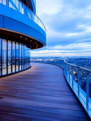 Obraz premium Modern rooftop terrace overlooking city skyline at twilight
