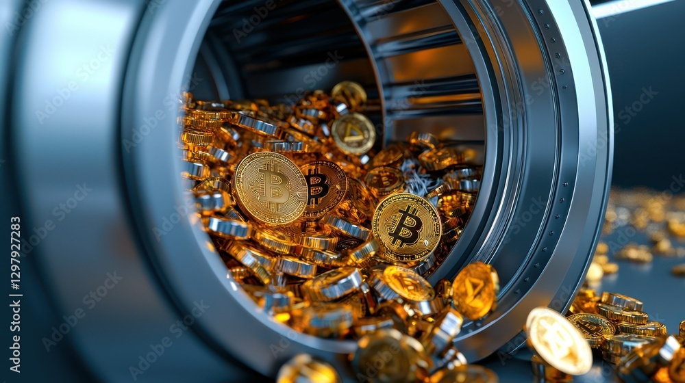 Poster bitcoin in a pill bottle: a close-up shot of a tipped-over pill bottle overflowing with bitcoin cryp