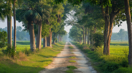 Fototapeta premium Lush tree-lined pathway in a rural landscape during the early morning sunlight