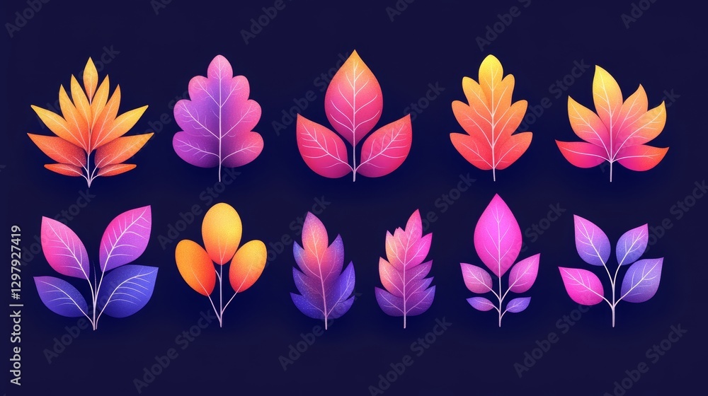 Poster vibrant pixelated foliage set, retro style leaf collection with bold color gradients for game assets