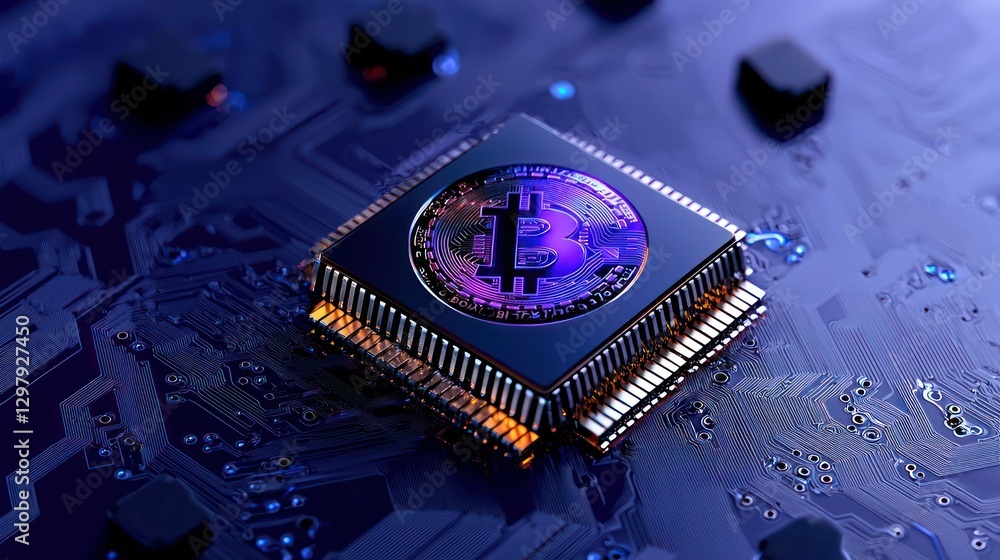 Poster cryptocurrency's core: a microchip with a bitcoin symbol at its core sits on a circuit board, radiat