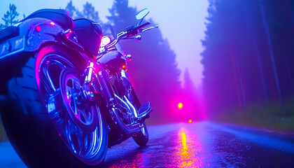 Motorcycle on a Rainy Forest Road at Night