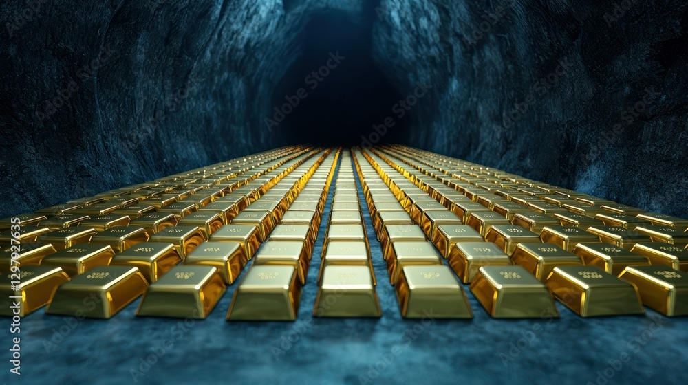 Poster golden tunnel to riches: a perspective view inside a dark cavern tunnel filled with rows of gleaming