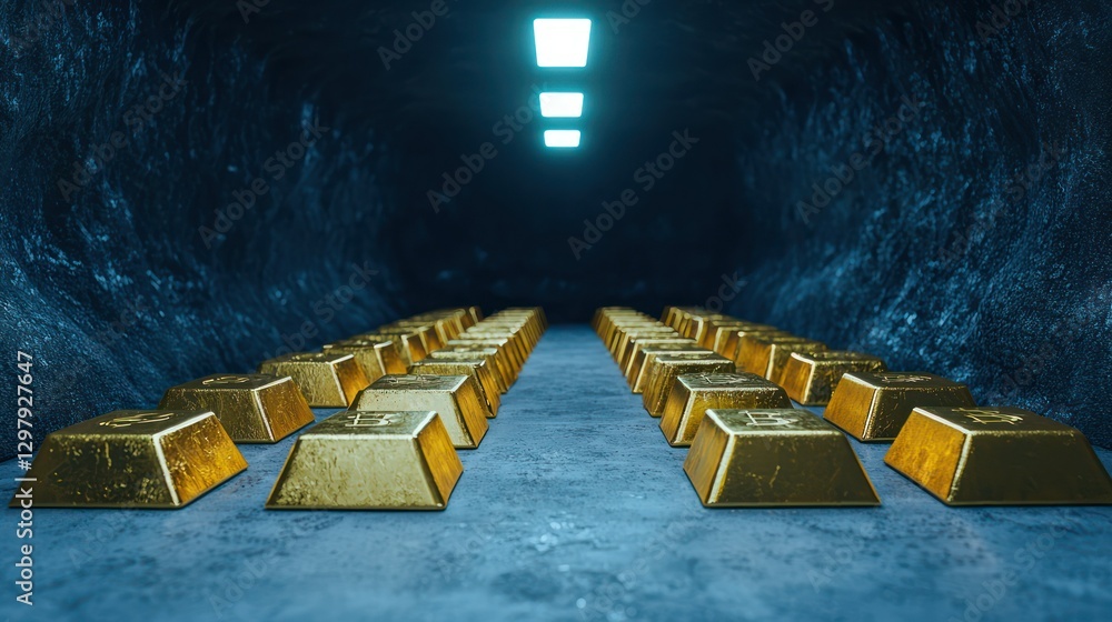 Poster golden fortress: a mesmerizing visual of an underground vault filled with rows upon rows of gleaming