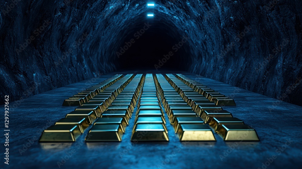 Aufkleber gold bars in a vault: an array of gleaming gold bars stretch into a dark vault, illuminated by a str