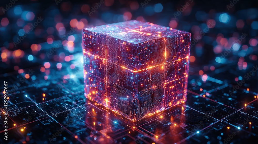 Poster digital cube: illuminated digital cube with glowing edges and intricate circuitry details, set again