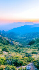 Mountain valley vista at sunrise.  Possible use Stock photo for travel brochures, nature documentaries, or inspirational posters