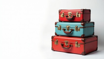 Obraz premium Three retro vintage suitcases stacked on top of each other on white background, nostalgia, storage, journey