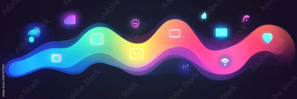 Poster Colorful abstract wave of technology icons representing digital communication and connectivity in a vibrant composition. Generative AI