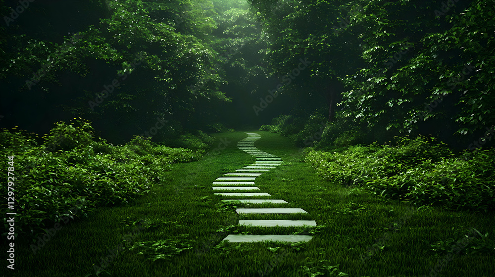 Poster Stone Pathway Leading Into Dense Green Forest With Sunlight Through Trees Creating Mystical Atmosphere