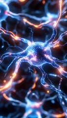 Neuron network, glowing cells, science illustration, medical research