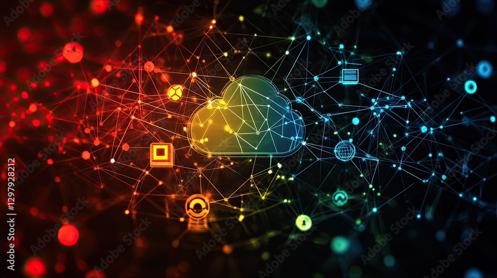 Poster a digital cloud icon surrounded by interconnected network nodes and technology symbols.