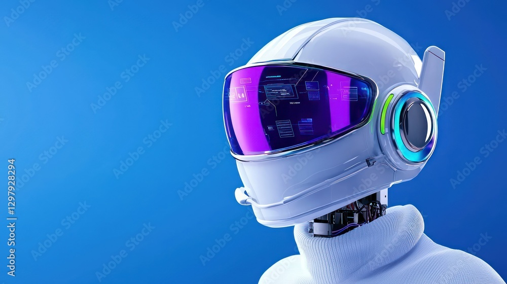 Poster cybernetic vision: a futuristic robot with a sleek design stares into the digital abyss, highlightin