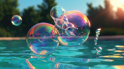 Floating iridescent bubbles cluster above reflective turquoise water near trees