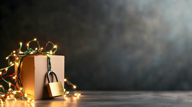 Cardboard Gift Box Secured With Golden Padlock Surrounded By Festive String Lights