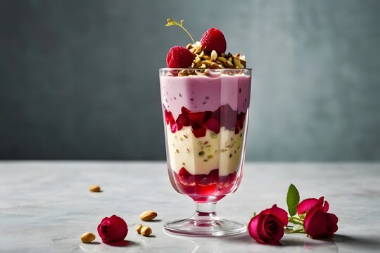 Colorful falooda with ice cream and seeds in tall glasses on a light background