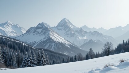 Majestic Winter Mountain Range Panorama Snow Covered Peaks and Evergreen Forest